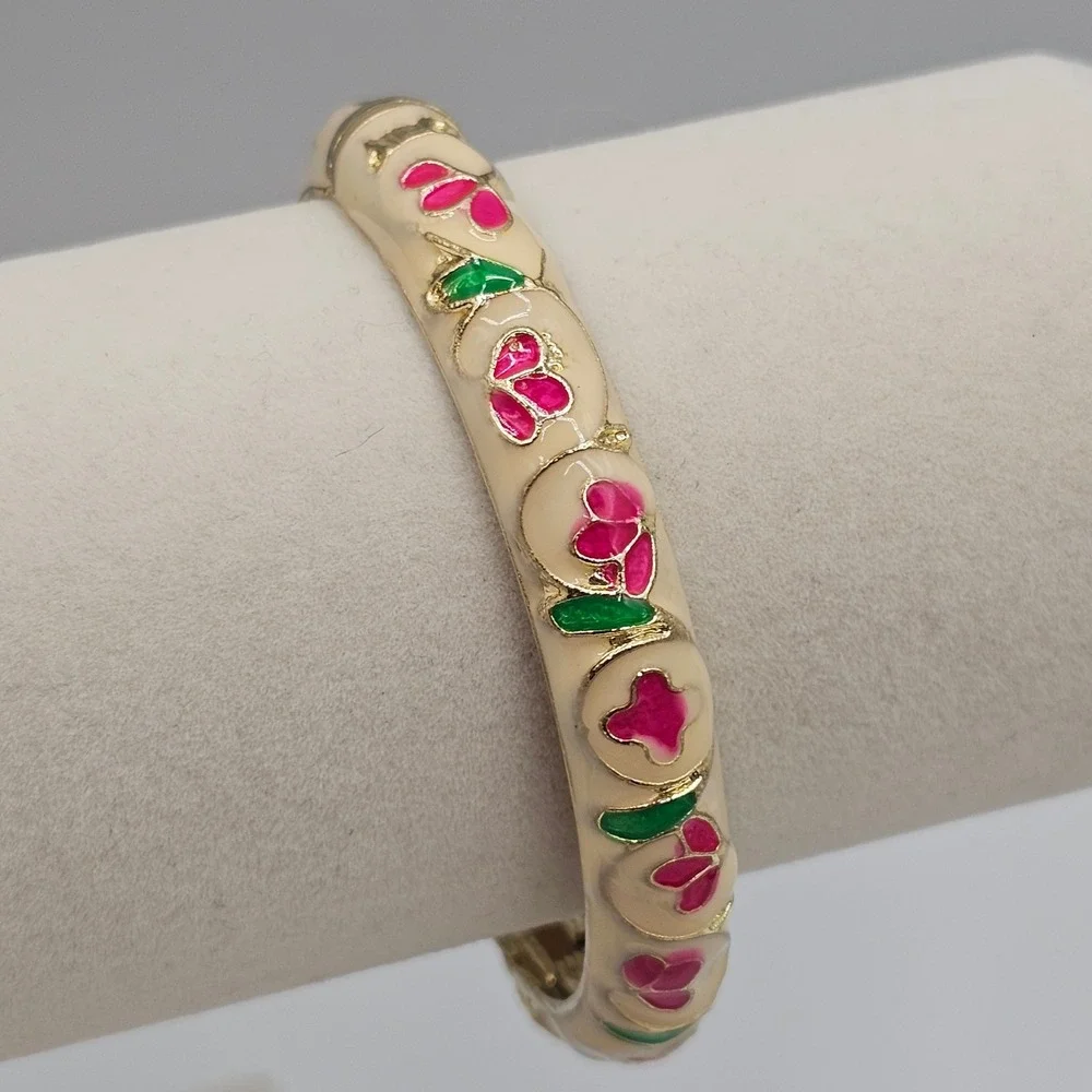 Enamel Floral Clamper Bracelet Cream Pink Gold Tone Hinged 7 Inch